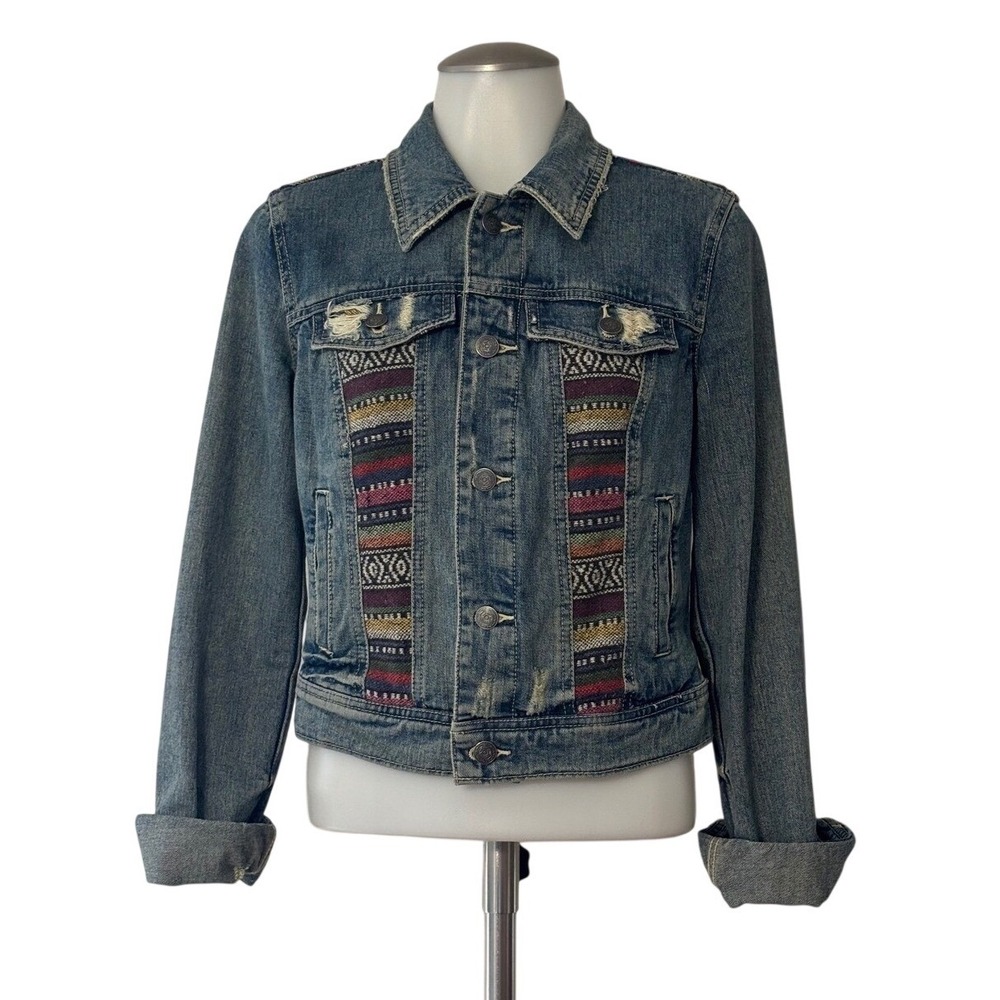 Free People Denim Jacket Women 2 Blue Southwestern Woven Distressed Good